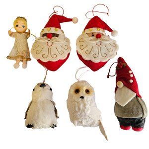 Lot of 6 Christmas Ornaments Animals Soft Santa Claus Gnome Angel Owl Decoration